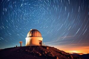 alto en el montañas, un observatorio Hazme soportes en contra un estrellado noche cielo. generativo ai foto