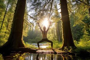 In a tranquil forest clearing, a yoga practitioner strikes a pose. Generative AI photo