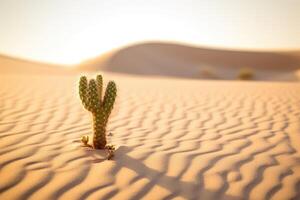 In the harsh desert under a burning sun, a lone cactus stands tall. Generative AI photo