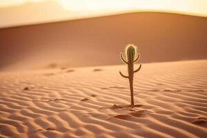 In the harsh desert under a burning sun, a lone cactus stands tall. Generative AI photo