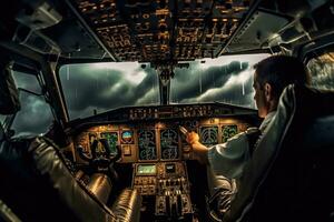 In the high - tech cockpit of an airplane, a pilot expertly navigates through a storm. Generative AI photo