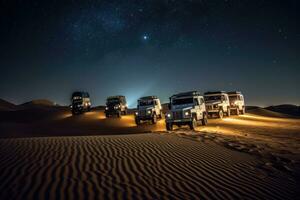 In a sprawling desert under the clear night sky, a convoy of vintage off - road vehicles. Generative AI photo