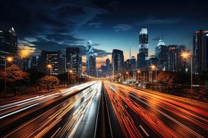 A busy highway at night, trails of light from the moving vehicles creating a dynamic pattern. photo