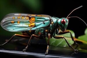 Macro shot of an exotic insect on a leaf, the intricate patterns on its body and the fine details. photo