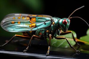 Macro shot of an exotic insect on a leaf, the intricate patterns on its body and the fine details. Generative AI photo