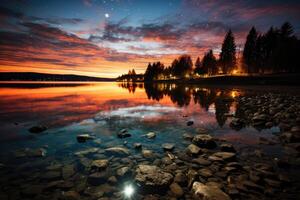 Long exposure shot of a starry night sky over a tranquil lake, the stars' trails. Generative AI photo