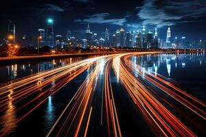 A busy highway at night, trails of light from the moving vehicles creating a dynamic pattern. Generative AI photo