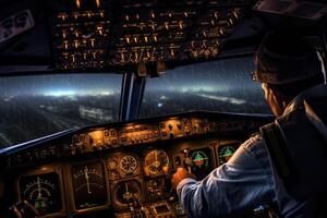 In the high - tech cockpit of an airplane, a pilot expertly navigates through a storm. photo