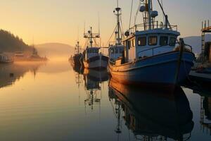 In the calm of early morning, a fleet of fishing boats prepares to set sail. Generative AI photo