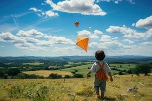 Child flying a colorful kite in an open field on a bright sunny day. Generative AI photo