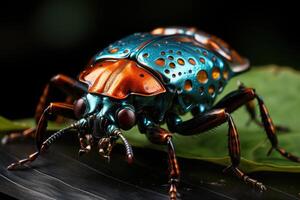 Macro shot of an exotic insect on a leaf, the intricate patterns on its body and the fine details. photo