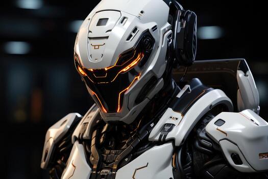 An advanced AI robot in a thinking pose. photo