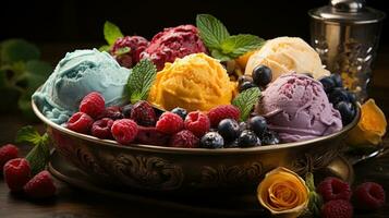 Medium shot, a bowl of Italian gelato, scoops of different flavors. Generative AI photo