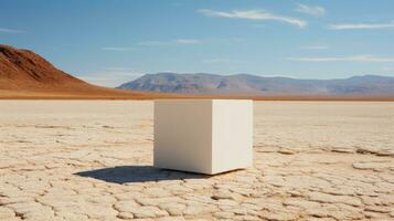 Minimalist shot, single white cube standing in a desert. Generative AI photo