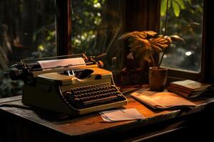 Vintage typewriter on a wooden desk with crumpled papers around. Generative AI photo