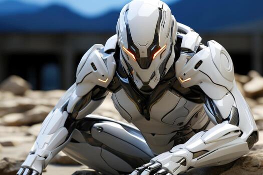 An advanced AI robot in a thinking pose. photo