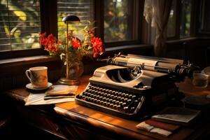 Vintage typewriter on a wooden desk with crumpled papers around. Generative AI photo