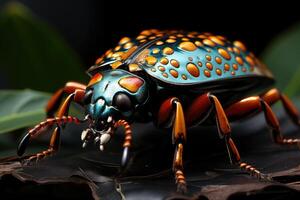 Macro shot of an exotic insect on a leaf, the intricate patterns on its body and the fine details. photo