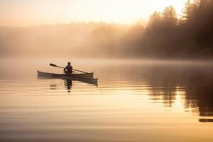 On a quiet, foggy morning, a fisherman casts his net on a serene lake. photo