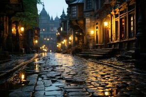 An antique European city center, cobblestone streets wet from a recent rain, reflecting soft lights of nearby lanterns. Generative AI photo