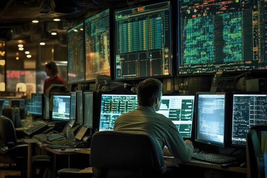 On a bustling trading floor, a broker is absorbed in screens displaying graphs and numbers. photo
