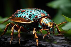 Macro shot of an exotic insect on a leaf, the intricate patterns on its body and the fine details. photo