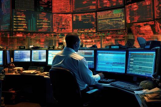On a bustling trading floor, a broker is absorbed in screens displaying graphs and numbers. photo