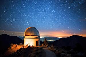 High in the mountains, an observatory dome stands against a starry night sky. Generative AI photo