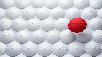 Minimalist shot, single red umbrella among white umbrellas in endless white space. Surreal concept. Generative AI photo