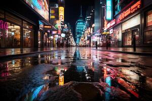 un bullicioso ciudad la vida nocturna, neón señales en vibrante colores. generativo ai foto