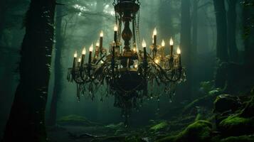 Surreal shot, a lone chandelier hanging in a foggy forest. Generative AI photo