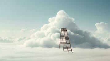 A single ladder leading up into a cloud in a minimalistic setting. Generative AI photo