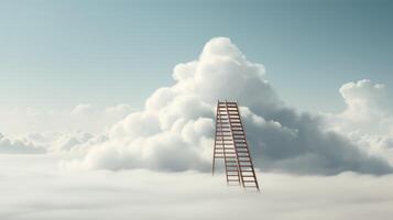 A single ladder leading up into a cloud in a minimalistic setting. Generative AI photo