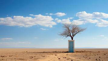 Surreal shot, a lone door standing in the middle of a desert. photo
