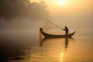 On a quiet, foggy morning, a fisherman casts his net on a serene lake. Generative AI photo