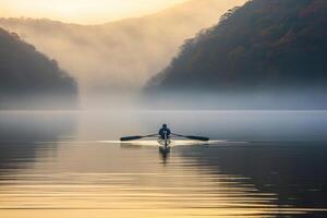 On a quiet, foggy morning, a fisherman casts his net on a serene lake. photo