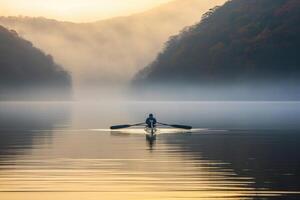 On a quiet, foggy morning, a fisherman casts his net on a serene lake. Generative AI photo