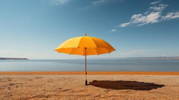 Minimalist shot, single yellow umbrella on a deserted beach. Generative AI photo