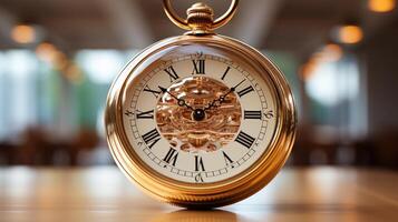 A pocket watch suspended in mid - air within an empty white room. photo