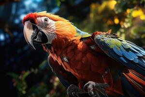 Colorful macaw taking flight in a remote Amazon rainforest. Generative AI photo