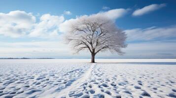 Minimalist shot, shadow of a tree in an empty snow field. Generative AI photo