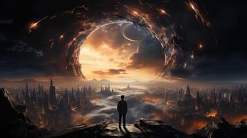Man stepping through a portal into a city in the clouds. photo