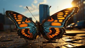 surrealista disparo, gigante mariposa descansando en un ciudad edificio. generativo ai foto