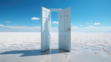 Surreal shot, a lone door standing in the middle of a desert. photo