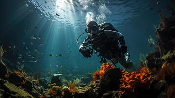 submarino disparo, escafandra autónoma buzo explorador coral arrecife, océano. generativo ai foto