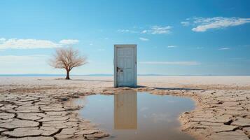 Surreal shot, a lone door standing in the middle of a desert. Generative AI photo