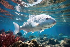 Underwater view of a school of silver trevally darting around a coral reef. Generative AI photo