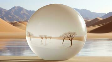 Floating sphere reflecting a desert within a desert. Generative AI photo