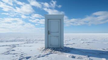 Surreal shot, a lone door standing in the middle of a desert. photo