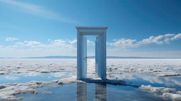 Surreal shot, a lone door standing in the middle of a desert. photo
